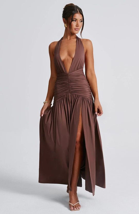 Damen Maxikleid mit tiefem V-Ausschnitt und Rüschen R&B