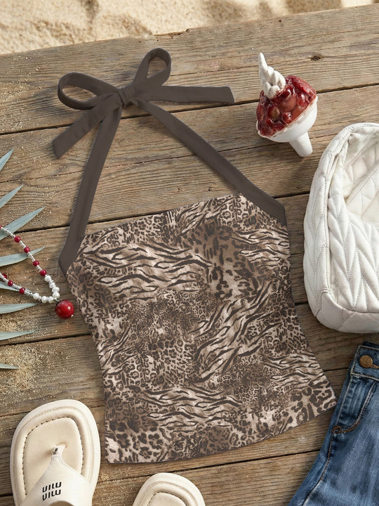Damen Neckholder Top mit verspieltem Leopardenmuster R&B