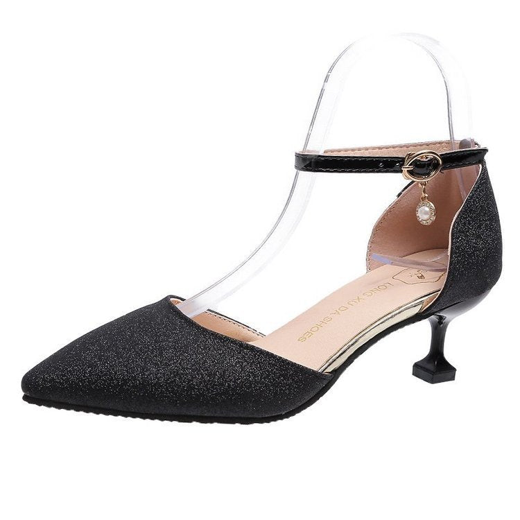Damen elegante Glitzerpumps mit transparentem Riemen und goldener Fessel R&B