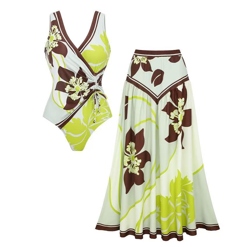 Damen Strandmode-Set mit floralem Wickeloberteil und schwingendem Rock R&B