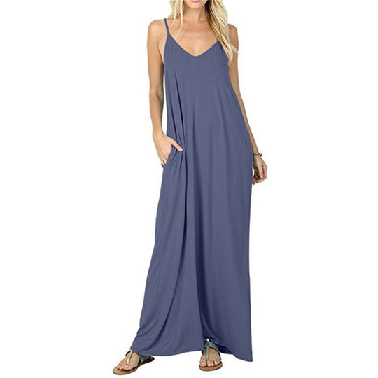 Damen Maxikleid mit spaghettiträgern und praktischen seitlichen Taschen R&B