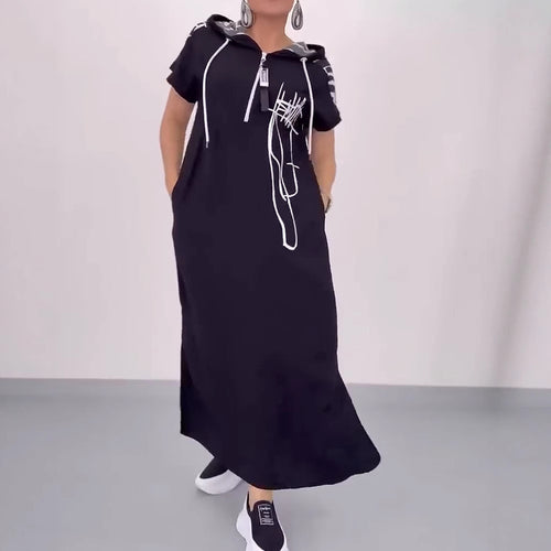 Damen nan urbanes Kapuzen‑Kaftankleid in lockerem Fall mit kurzärmeligem Schnitt und abstraktem Grafikmuster R&B