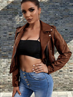 Damen modische Bikerjacke aus Kunstleder mit stilvollem Reißverschluss R&B