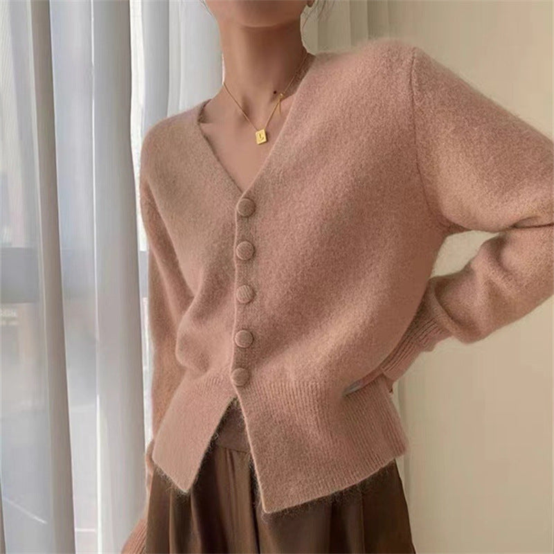 Damen Flauschiger Cardigan mit V-Ausschnitt und dekorativen Knöpfen