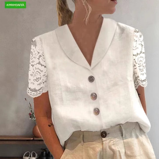 Damen Bluse mit Spitzenärmeln und raffinierten Knopfdetails Heidi-Mode