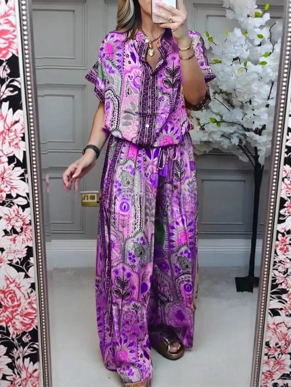 Damen nan Boho-Zweiteiler aus leichter Viskose mit Kurzarmbluse Knopfleiste Kordelbund und weitem Palazzohose R&B