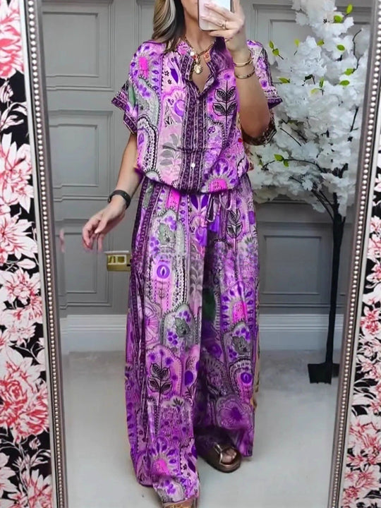 Damen nan Boho-Zweiteiler aus leichter Viskose mit Kurzarmbluse Knopfleiste Kordelbund und weitem Palazzohose R&B