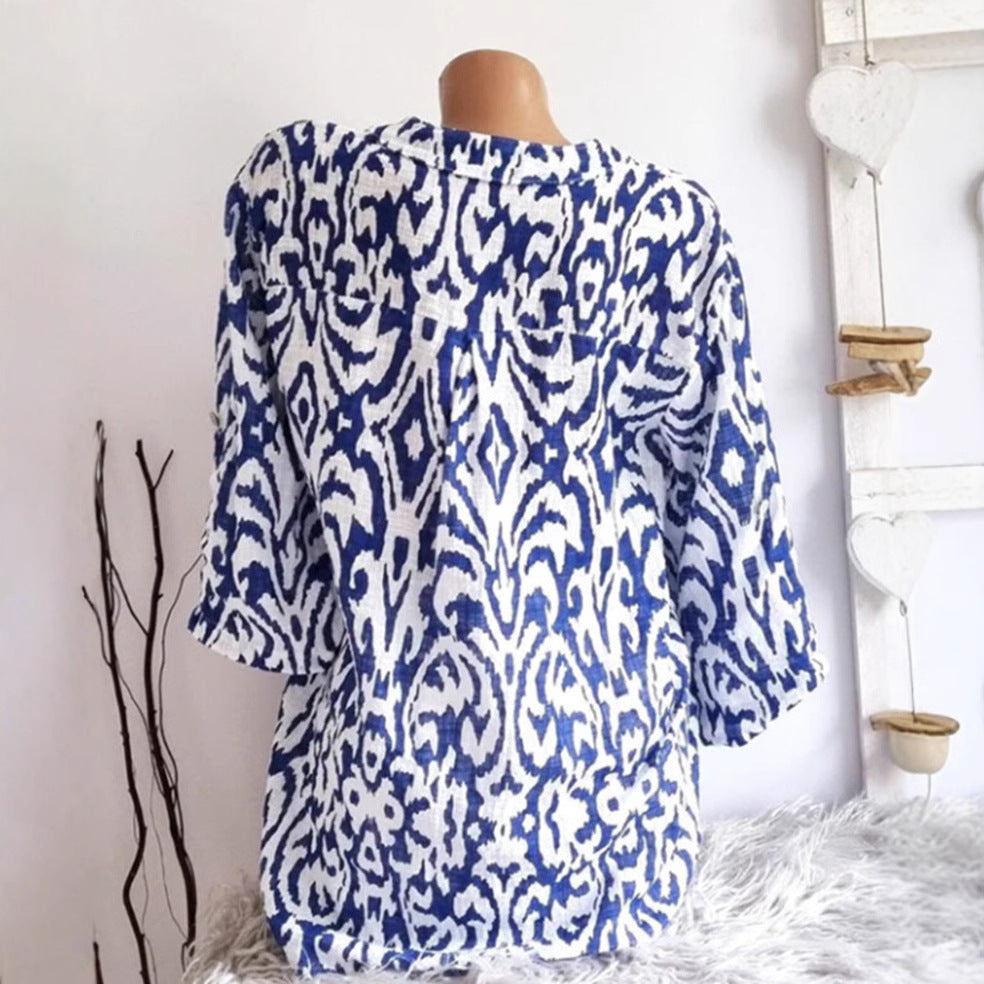 Damen nan locker geschnittene Tunika-Bluse mit Ikat‑Muster, V‑Ausschnitt und Dreiviertelärmeln R&B