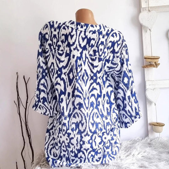Damen nan locker geschnittene Tunika-Bluse mit Ikat‑Muster, V‑Ausschnitt und Dreiviertelärmeln R&B