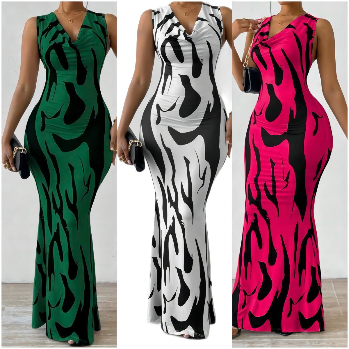 Damen Figurbetontes Maxikleid mit attraktivem Muster und elegantem V-Ausschnitt R&B