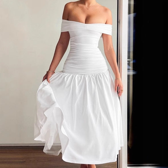 Damen Hochwertiges Off-Shoulder Maxikleid mit tailliertem Schnitt und fließendem Rock R&B
