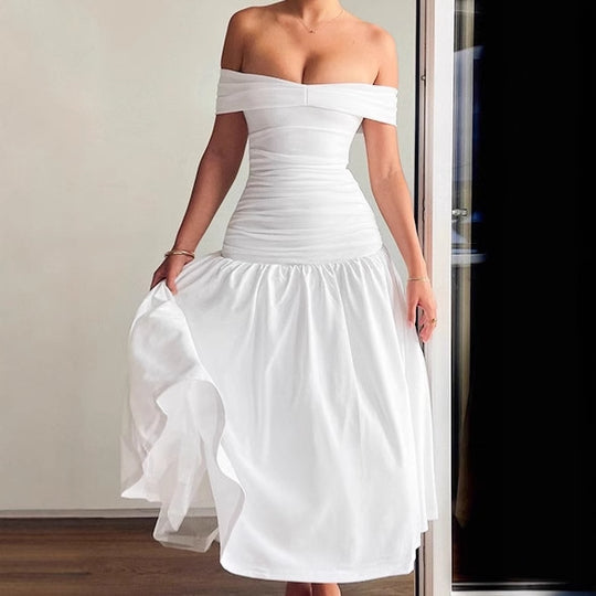 Damen Hochwertiges Off-Shoulder Maxikleid mit tailliertem Schnitt und fließendem Rock R&B