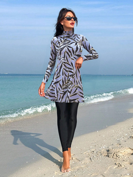 Damen modischer UV-Schutz-Schwimmanzug mit langem Arm und asymmetrischem Saum R&B