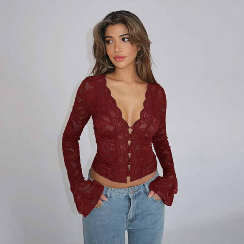 Damen Spitzenbluse mit tiefem V-Ausschnitt und langen Ärmeln R&B