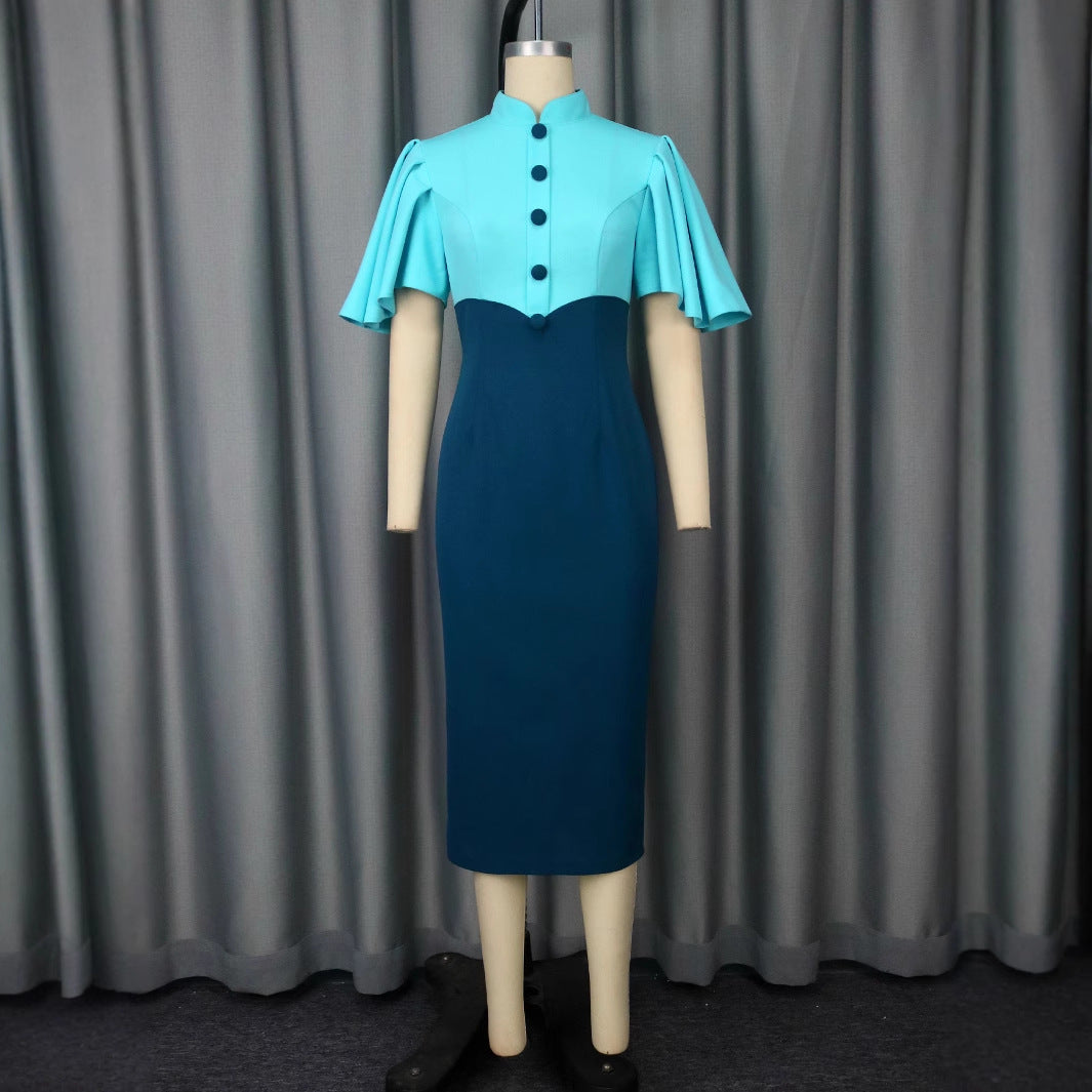 Damen figurbetontes Kleid mit eleganter Stehkragen und kunstvollen Puffärmeln R&B