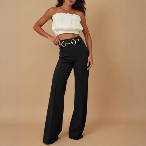 Damen weite Hochtaillenhose mit dekorativem Gürtel und eleganter Nahtführung R&B