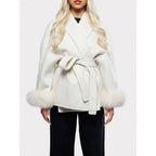 Damen elegante Kapuzenjacke mit Kunstpelzbesatz R&B