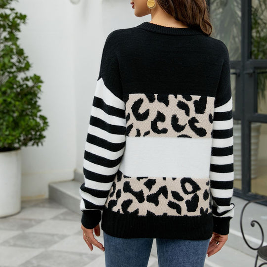 Damen modischer Pullover mit auffälligem Leopardenmuster und gestreiften Ärmeln R&B