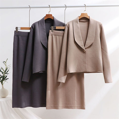Damen elegantes Strickensemble mit Blazer und Midi-Rock R&B