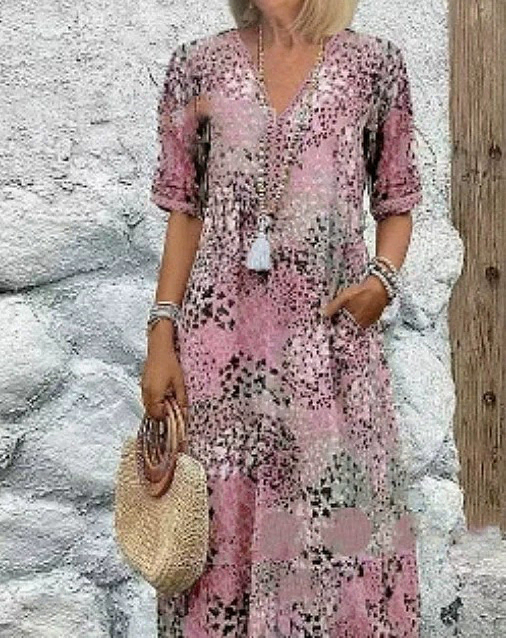 Damen Maxikleid mit V-Ausschnitt und praktischen Seitentaschen R&B
