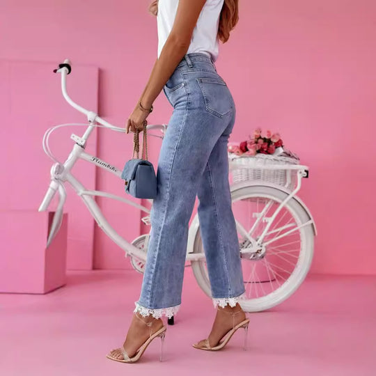 Damen Weit geschnittene Jeans mit Spitzenabschluss R&B