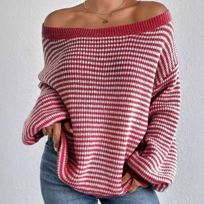 Damen Oversized Strickpullover mit Off-Shoulder Design und gestreiftem Muster R&B