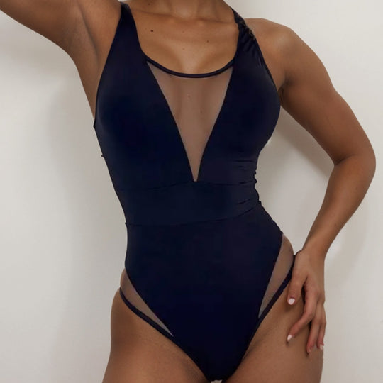 Damen Hochgeschlossener Monokini mit transparenten Mesh-Details R&B