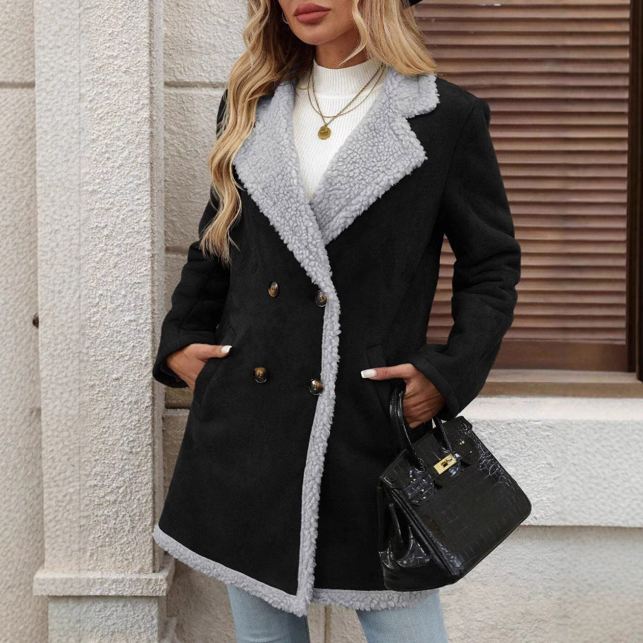 Damen Modische Oversized-Jacke mit Teddyfutter und doppelter Knopfleiste R&B
