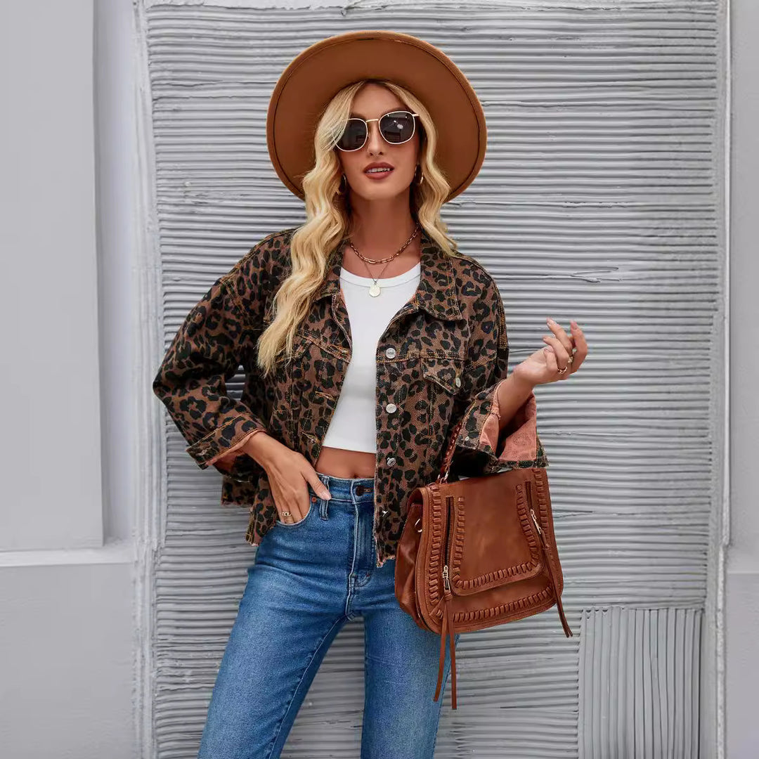 Damen Karierte Denimjacke im angesagten Leopardenmuster mit modernem Schnitt R&B