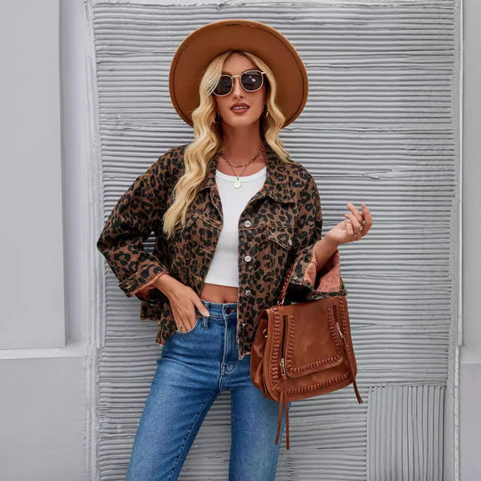 Damen Karierte Denimjacke im angesagten Leopardenmuster mit modernem Schnitt R&B