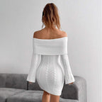 Damen Off-Shoulder Strickkleid mit Zopfmuster und voluminösen Ärmeln