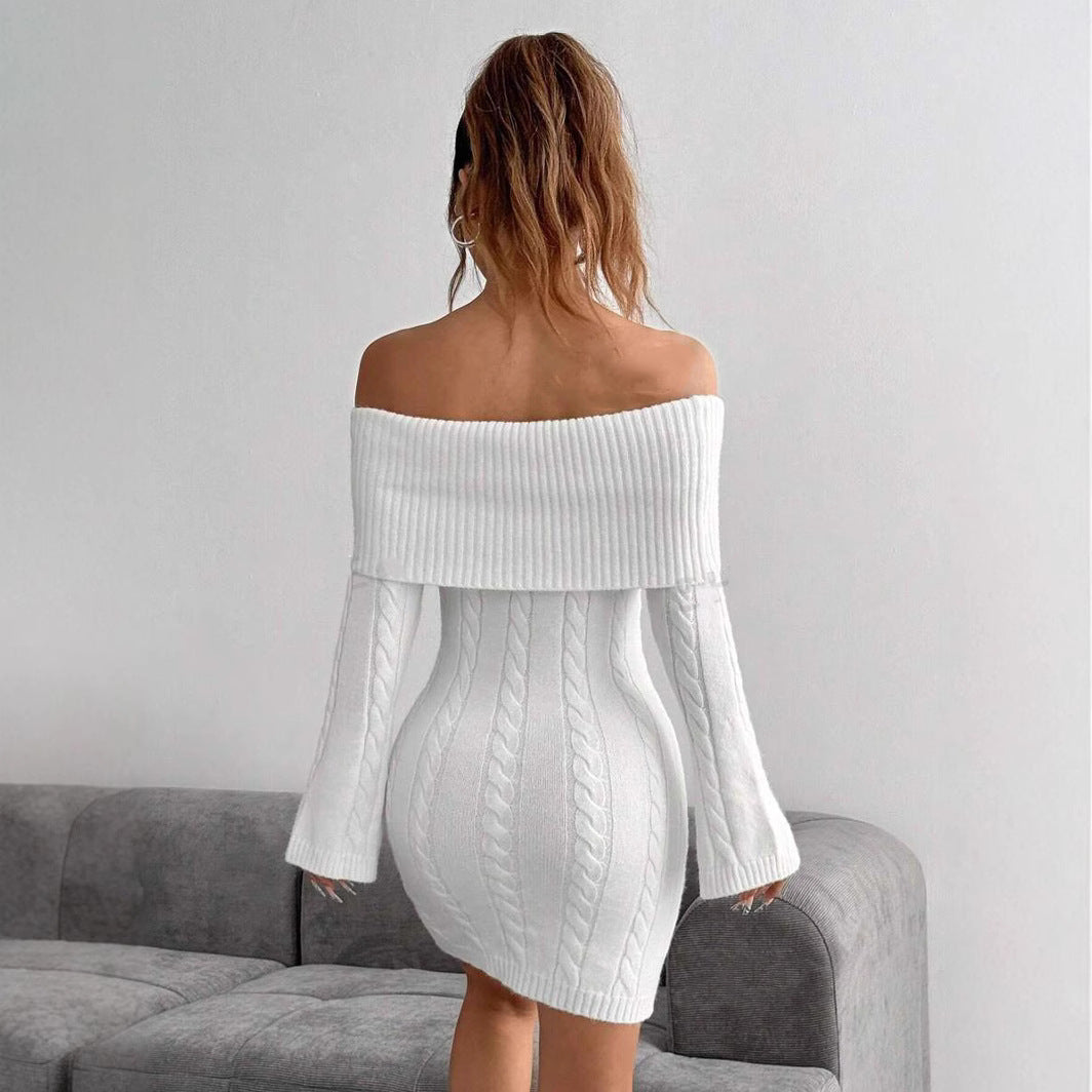 Damen Off-Shoulder Strickkleid mit Zopfmuster und voluminösen Ärmeln