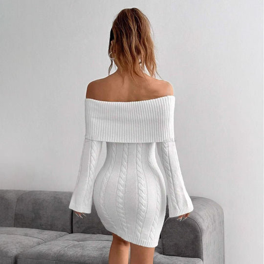 Damen Off-Shoulder Strickkleid mit Zopfmuster und voluminösen Ärmeln R&B