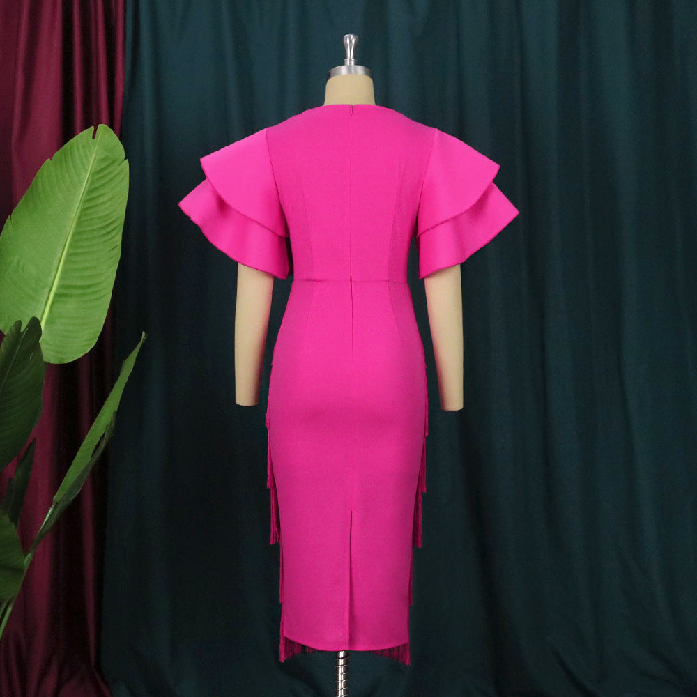 Damen Cocktailkleid mit voluminösen Rüschenärmeln und Fransen-Saum R&B