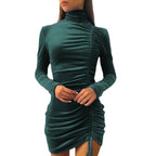Damen elegantes Samt-Minikleid mit hohem Kragen und raffiniertem Raffungseffekt R&B