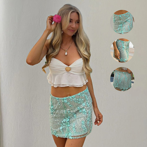 Damen kurzer Rock mit funkelnden Pailletten und boho-inspiriertem Design R&B