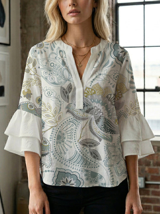 Damen Bluse mit voluminösen Rüschenärmeln und kreativem Floraldesign R&B