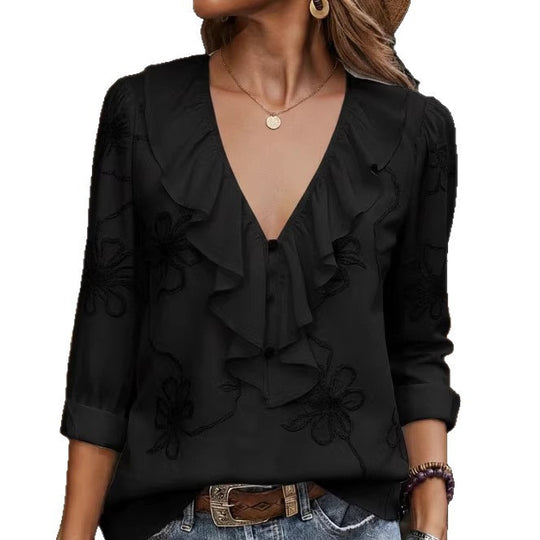 Damen elegante Bluse mit Volant und floralem Stickmuster R&B