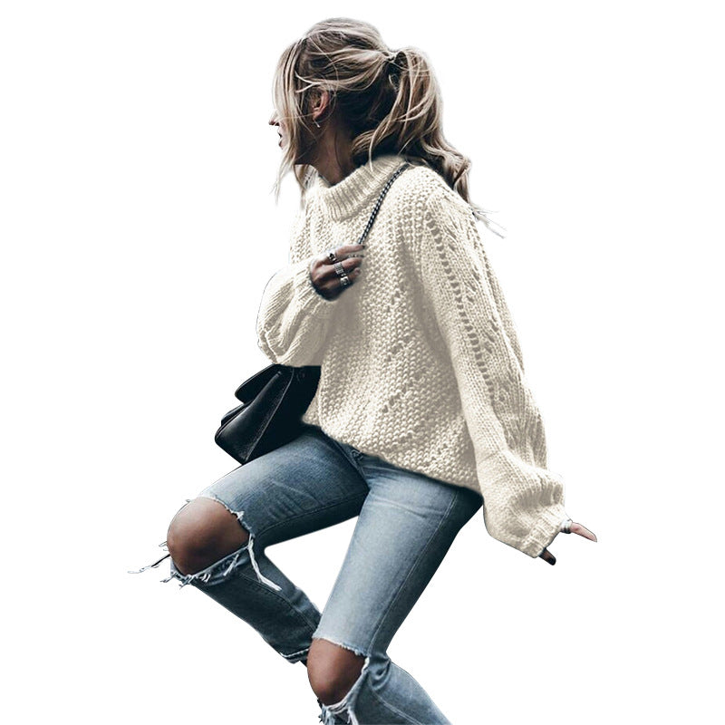Damen Grobstrickpullover mit weitem Schnitt und modischem Rollkragen R&B