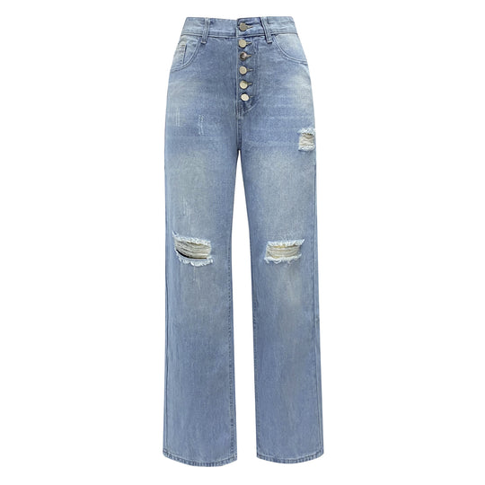 Damen Boyfriend-Jeans mit Knopfleiste und Distressed-Details R&B