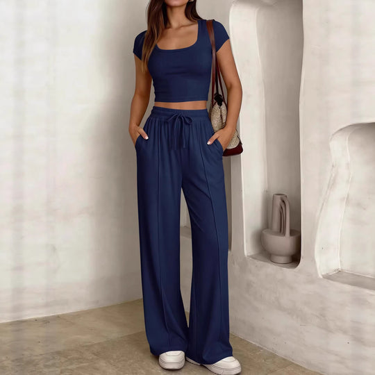 Damen lässiges Cropped-Top und weite Hose Set R&B