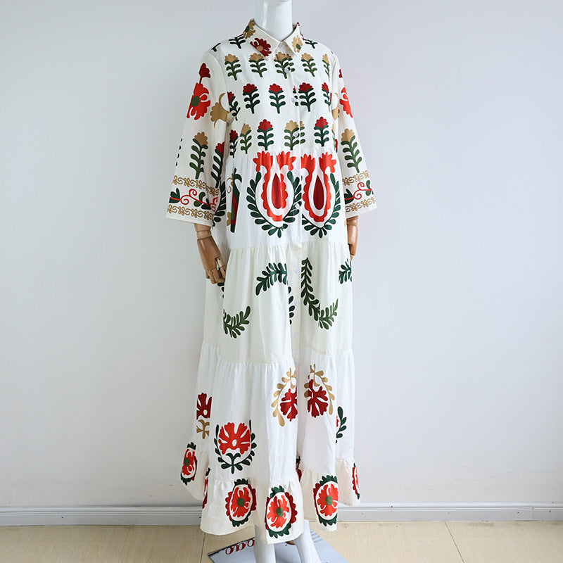 Damen Langarm-Teilkaro Kleid mit floralen Stickereien R&B