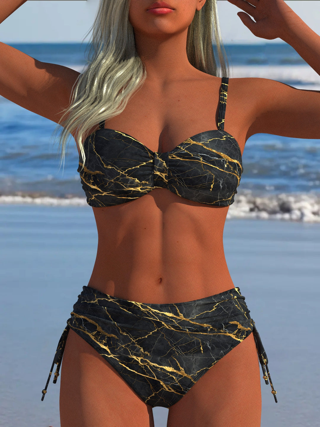 Damen Bikini-Set mit stilvollem Karomuster und goldfarbenen Akzenten R&B