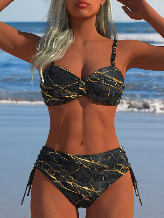 Damen Bikini-Set mit stilvollem Karomuster und goldfarbenen Akzenten R&B