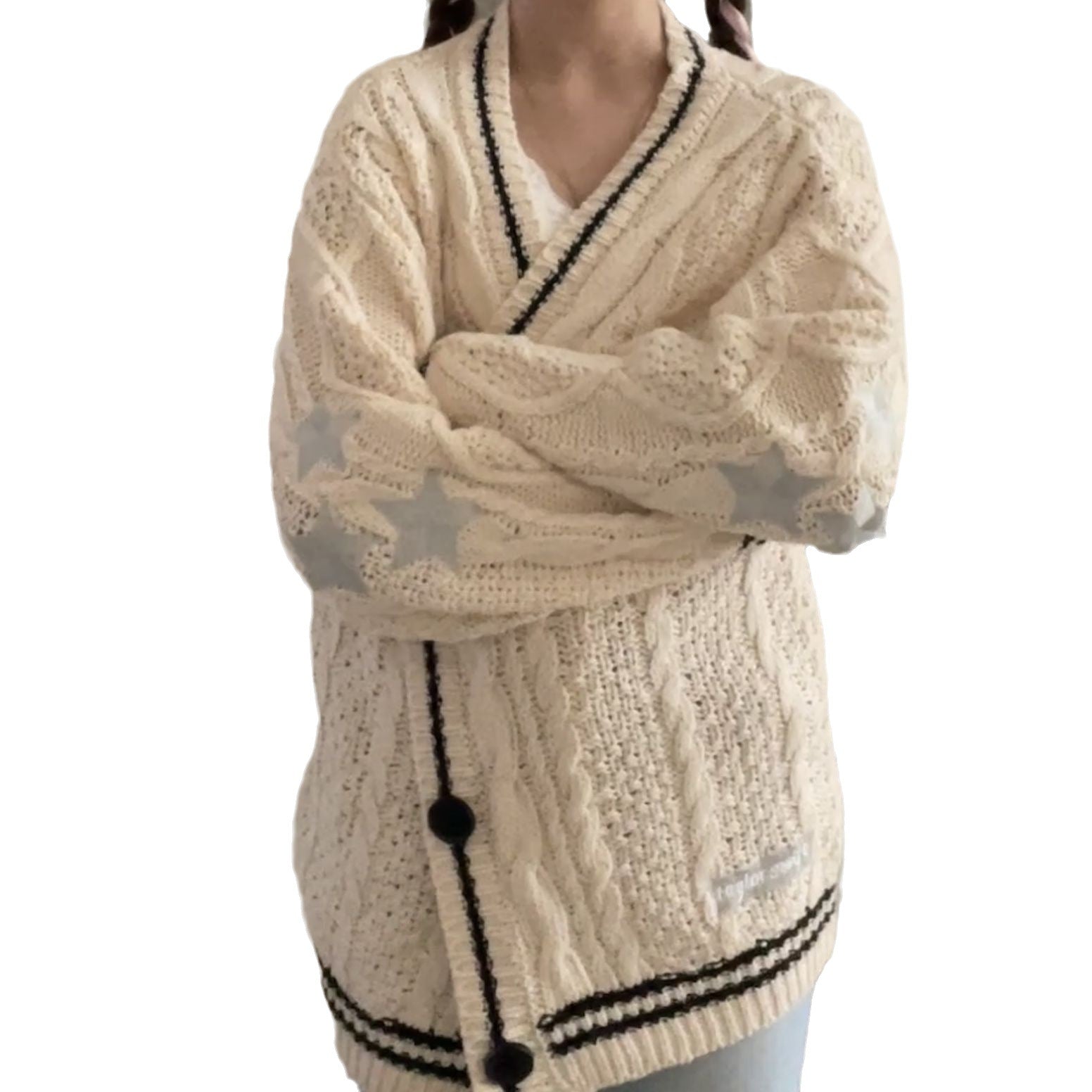 Damen Grobstrickjacke mit Sternen-Details und dekorativen Knöpfen R&B