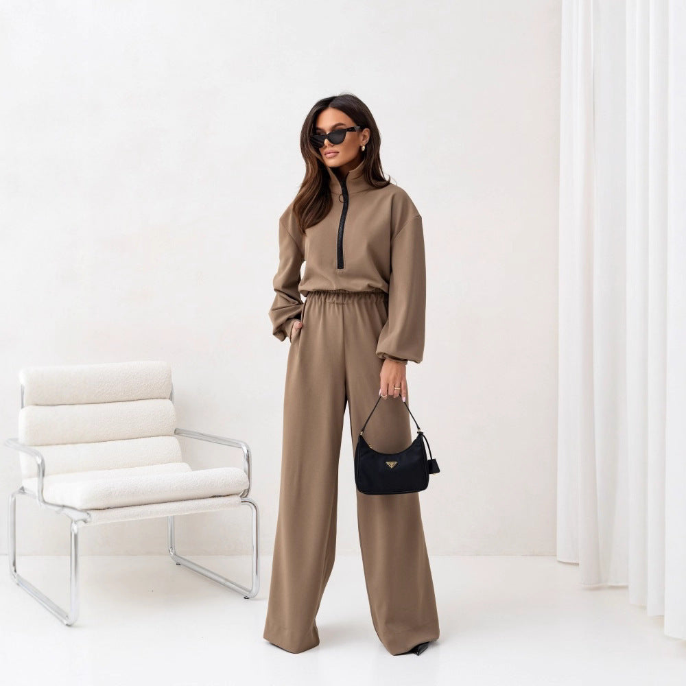 Damen Modischer Jumpsuit mit Stehkragen und Reißverschluss R&B