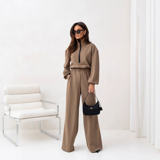 Damen Modischer Jumpsuit mit Stehkragen und Reißverschluss R&B
