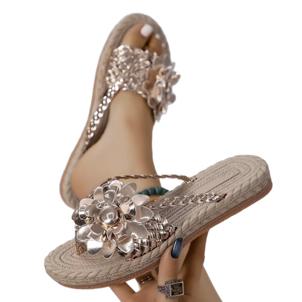 Damen modische Slide-Sandalen mit hochglänzendem Blumendetail R&B