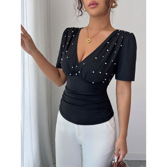Damen elegante Bluse mit Perlen-Detail R&B