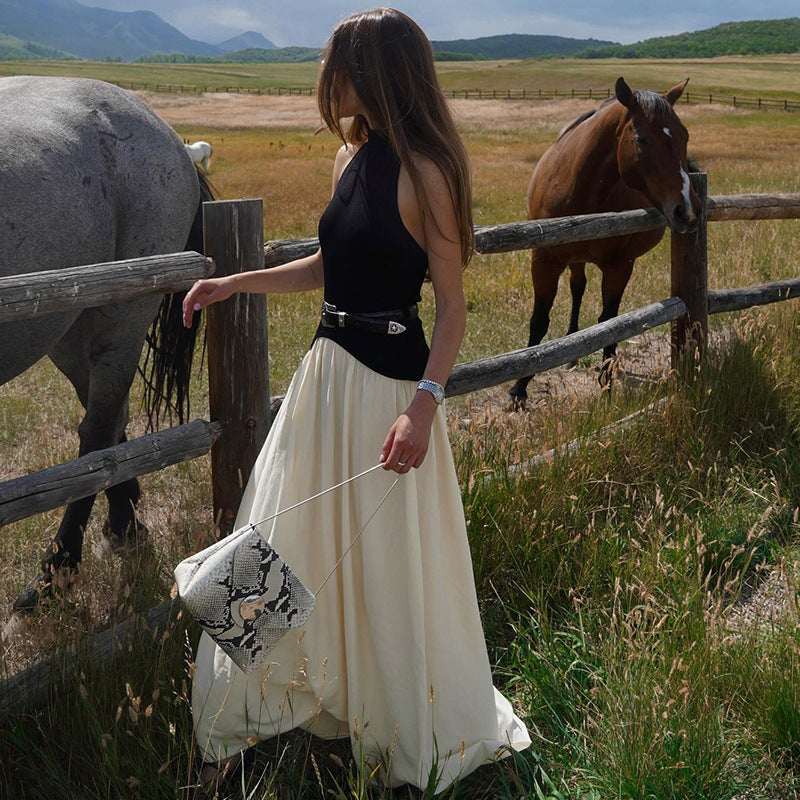 Damen Elegantes Maxikleid mit hochgeschlossenem Design und zwei Farbdetails R&B